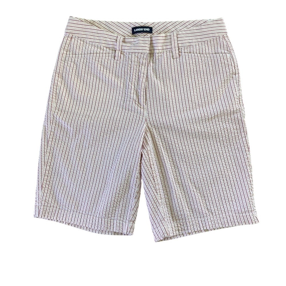 Lands' End Seersucker Shorts White Pink Travel Resort Modest Mid‎ Rise (Size 8)